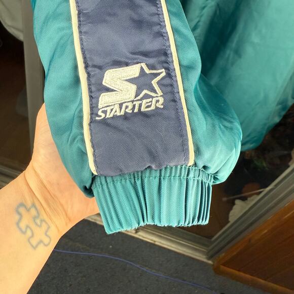 VINTAGE STARTER 90's Streetwear Oversized Hooded Puffer Teal & Navy Full Zip - Picture 10 of 15